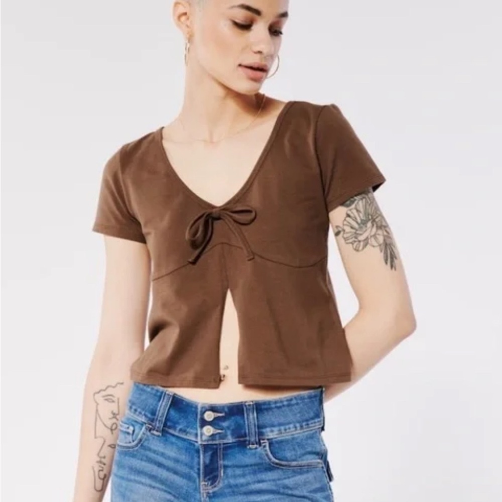 Hollister Brown Easy Flyaway Babydoll Tee Top With Slit Size XS
